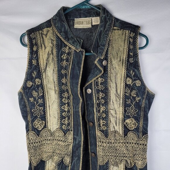 Urban Tribe Jackets & Blazers - Vtg Urban Tribe Womens Denim Southwestern Cowgirl Vest Embroidered Detail Size L